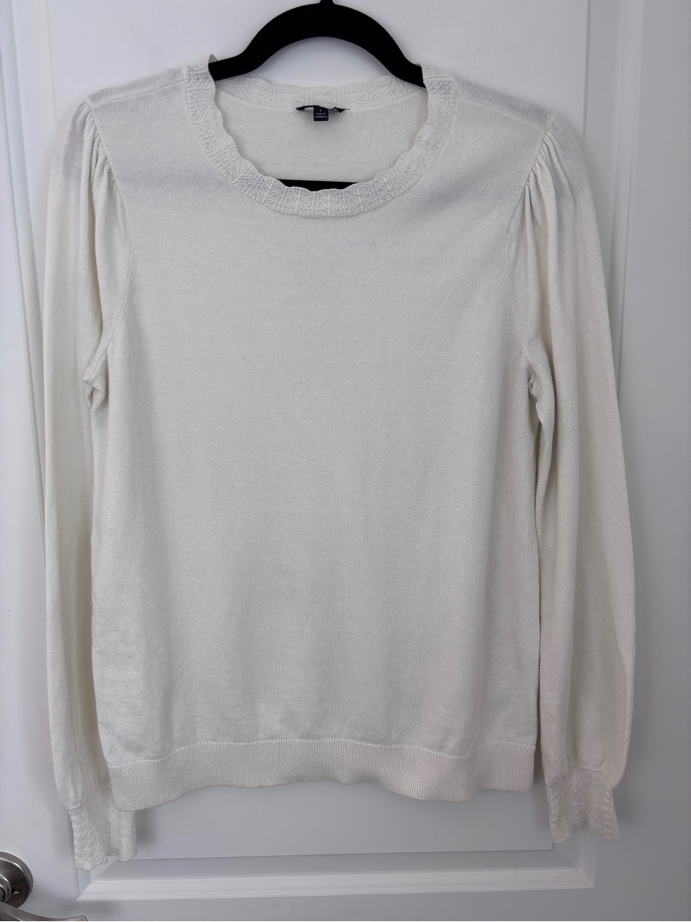 Talbots White Wool Blend Knit Trim Scoop Neck Sweater Small